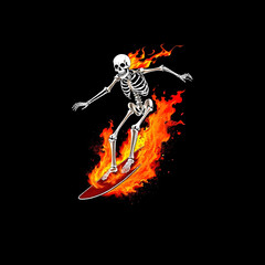 Skeleton surfing a wave of fire, IA Generative