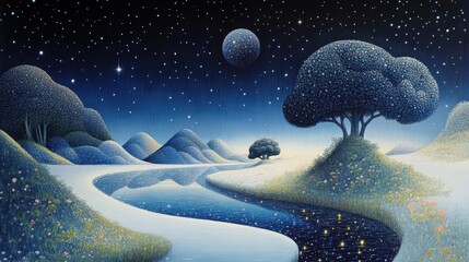 Tranquil Lake Under Starry Sky, Enchanting Moonlit Scene