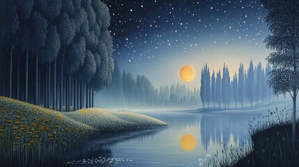 Tranquil Lake Under Starry Sky, Enchanting Moonlit Scene