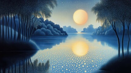 Tranquil Lake Under Starry Sky, Enchanting Moonlit Scene