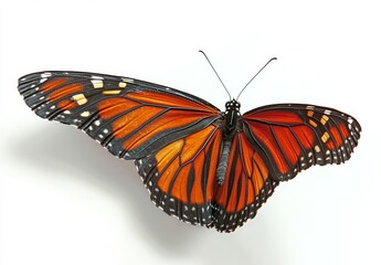 Naklejka premium Monarch butterfly flying isolated on a white background, showcasing high-resolution, clean focus with professional color grading and soft shadows.