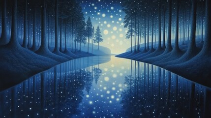 Tranquil Lake Under Starry Sky, Enchanting Moonlit Scene