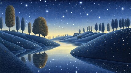 Tranquil Lake Under Starry Sky, Enchanting Moonlit Scene