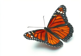 Fototapeta premium Monarch butterfly flying isolated on a white background, showcasing high-resolution, clean focus with professional color grading and soft shadows.