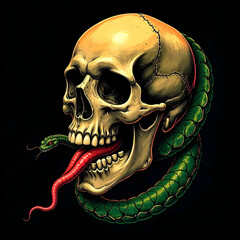 A detailed illustration of a gothic skull with colorful flowers growing out of the eye, Generated image