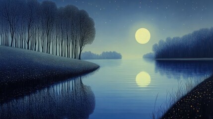 Tranquil Lake Under Starry Sky, Enchanting Moonlit Scene