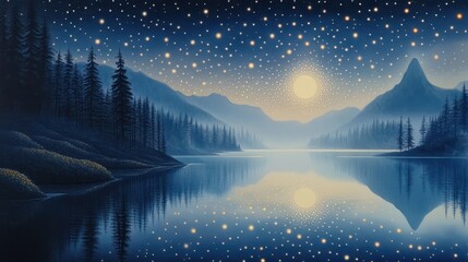 Tranquil Lake Under Starry Sky, Enchanting Moonlit Scene