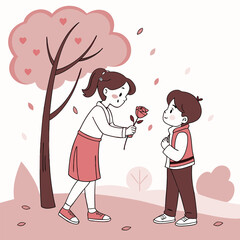 valentine day girl and boy have a rose in hand