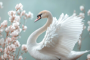 Obraz premium Elegant White Swan Displays Wings Amidst Blossoms