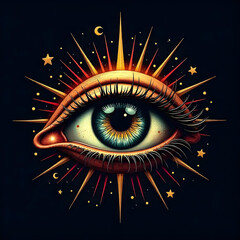 Mystic eye with rays and stars, Generated image