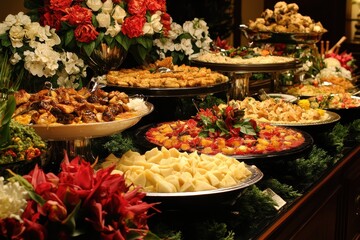 Lavish buffet table with various cuisines, abundant food and flowers. Perfect for articles about catering, parties, or luxurious dining experiences.