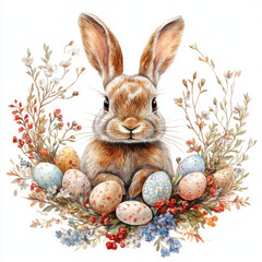 Illustration of a charming bunny surrounded by pastel speckled Easter eggs, vibrant wildflowers, and delicate foliage on a white background, perfect for festive spring design