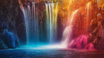 Magical glitter waterfall cascading down glowing rocks