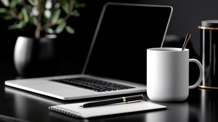 Fototapeta premium Minimalist Laptop Workspace with Accessories on Dark Desk