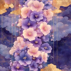Art Illustration of Purple Flowers with Golden Patterns, A Blend of Elegance and Fantasy