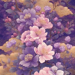 Art Illustration of Purple Flowers with Golden Patterns, A Blend of Elegance and Fantasy