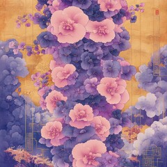 Art Illustration of Purple Flowers with Golden Patterns, A Blend of Elegance and Fantasy