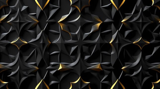 A detailed geometric seamless pattern in a high-resolution vector format, featuring intricate tessellations with sharp edges and metallic gold accents against a matte black background,.