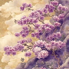 Art Illustration of Purple Flowers with Golden Patterns, A Blend of Elegance and Fantasy