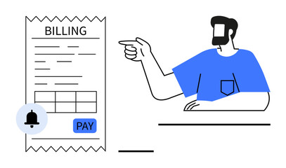 Man pointing at a billing receipt with payment button and alert notification bell. Ideal for finance, budgeting, payment reminders, billing, account management, financial planning, customer service