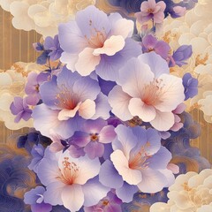 Art Illustration of Purple Flowers with Golden Patterns, A Blend of Elegance and Fantasy