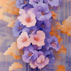 Art Illustration of Purple Flowers with Golden Patterns, A Blend of Elegance and Fantasy