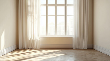 A clean, stark window with sheer curtains, slightly billowing, letting in natural light.