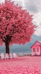 Pink Cherry Blossom Tree and Dreamy Cottage, A Romantic Fairytale Scene
