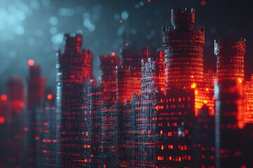 Fototapeta premium Glowing digital castle city, futuristic, abstract background, tech concept