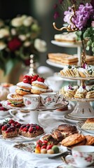 Naklejka premium Elegant Afternoon Tea Party With Delicious Cakes And Pastries