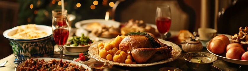 A Festive Table Setting with Roasted Turkey, Potatoes, and Wine Glasses