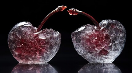 Glittering Frozen Cherries Highlighted on Black Background