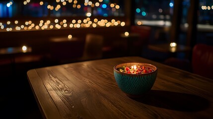 Illuminated Salad Bowl on Wooden Table in Dimly Lit Restaurant