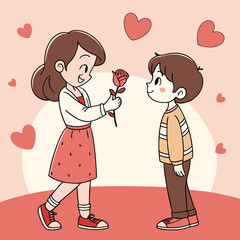 valentine day girl and boy have a rose in hand