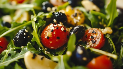 Delicious salad with tomatoes olives and arugula