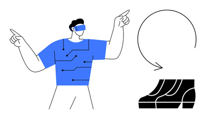 Man wearing a blue VR headset and electronic circuits shirt, interacting with virtual elements, circular arrow, and 3D printed objects. Ideal for technology, VR, AR, innovation, future concepts 3D