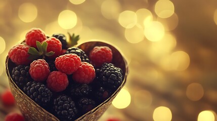 Raspberries and blackberries in a heart shaped bowl