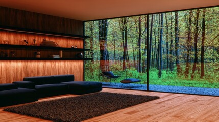 Modern Living Room Design  Forest View  Cozy Interior  Hardwood Floor  Sectional Sofa