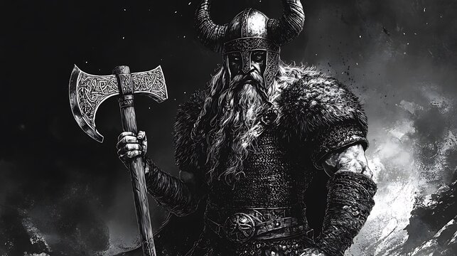 Viking warrior with a horned helmet standing strong with a battle axe black and white scratch board art