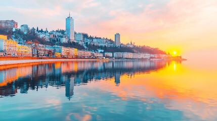 Fototapeta premium Coastal city sunrise, buildings reflected in calm water, travel postcard