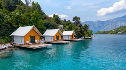 Fototapeta premium Coastal Glamping Three luxury tents on tranquil bay. Travel brochure use