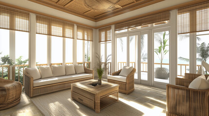 Open, airy interior design concept with tropical wood, woven rattan furniture, and a neutral color palette, blending modern design with traditional Filipino elements
