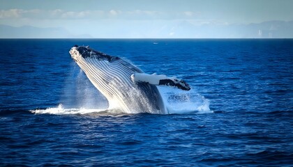 Fototapeta premium Powerful Humpback Whale Jumping Out of the Blue Sea