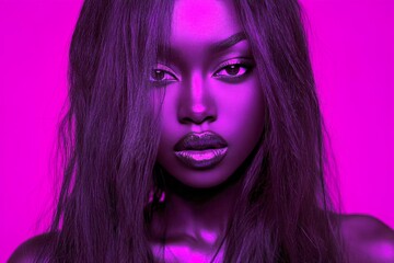 Obraz premium Long trim - highlighted hair. Stunning calm black girl - for ads, flyer and social networks use. Commercial digital ads concept art. Black portrait concept. Black woman portrait. Black beauty.