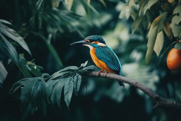 Kingfisher perched on branch, lush foliage, wildlife photography, nature poster
