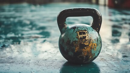 Weathered Kettlebell Resting On A Wet Surface