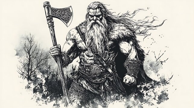 Viking warrior with battle axe and flowing beard standing strong black and white sketch engraving