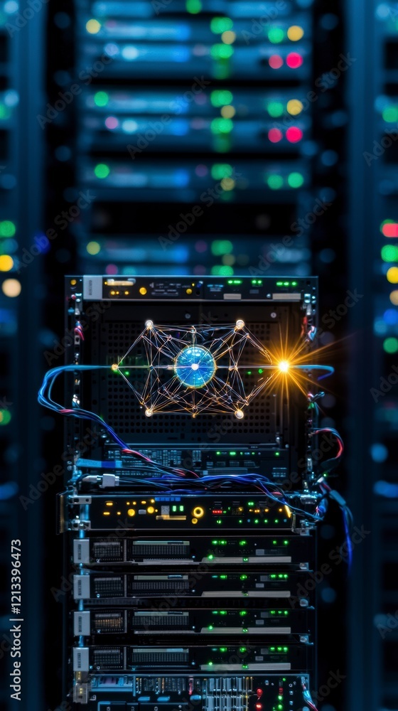Poster futuristic quantum computer network data center server room technology