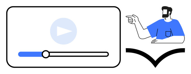 Video player with progress bar and play button, instructor pointing, open book above. Ideal for e-learning, education, tutorials, guidance, training online courses information sharing. Abstract