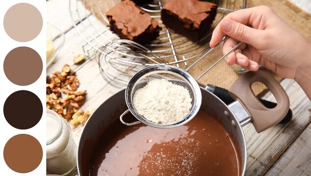 Woman adding flour into pot for preparation of chocolate brownie on table. Different color patterns